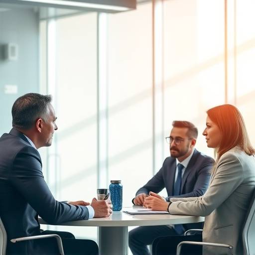 Business professionals in a meeting discussing leadership.