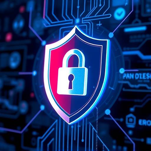 Cybersecurity image with a shield and lock icons.